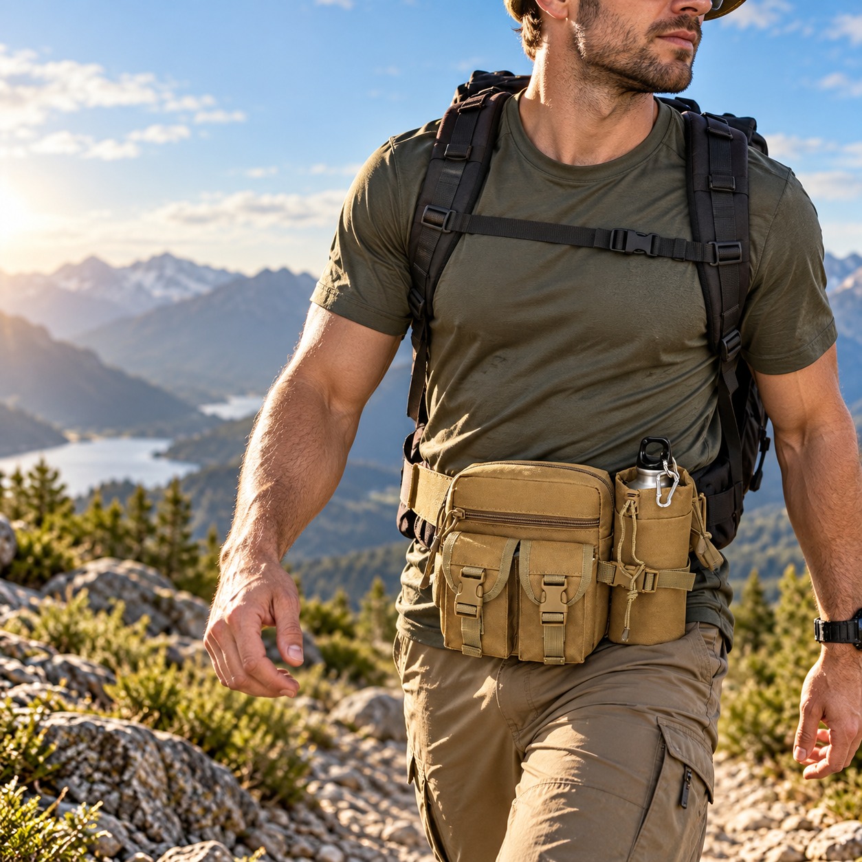 Outdoor Hunting Packs - 多機能戦術ウエストバッグ。防水仕様で、ボトルポーチ付き。アウトドア、キャンプ、ハイキング、狩猟に最適。ベルトの長さは調整可能。