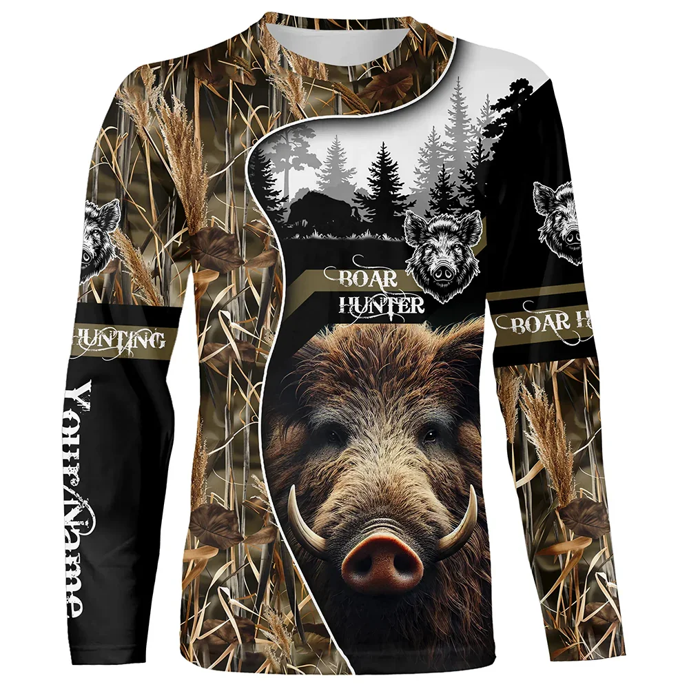 Wildman Hunting & Outdoor Photos - 迷彩柄、狩猟、動物、イノシシ、メンズTシャツ、3Dプリント、スポーツ、長袖、カジュアル、Oネック、ストリートウェア、メンズファッション