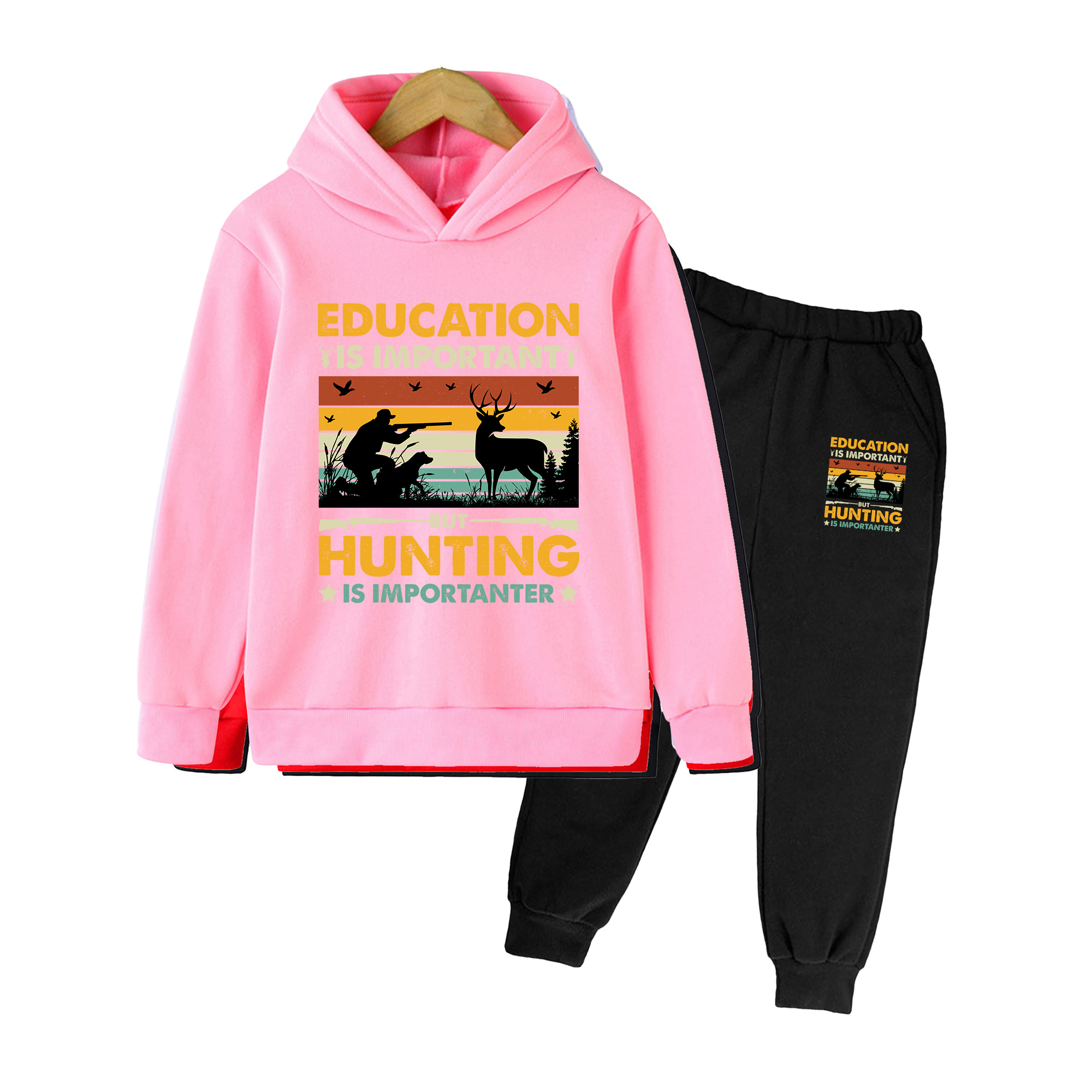 Hunting Outdoor Boys - キッズ用フーディー＆スウェットパンツセット、ヴィンテージハンティングプリントカジュアルトラックスーツ、男の子と女の子向けアウトドアスポーツウェア