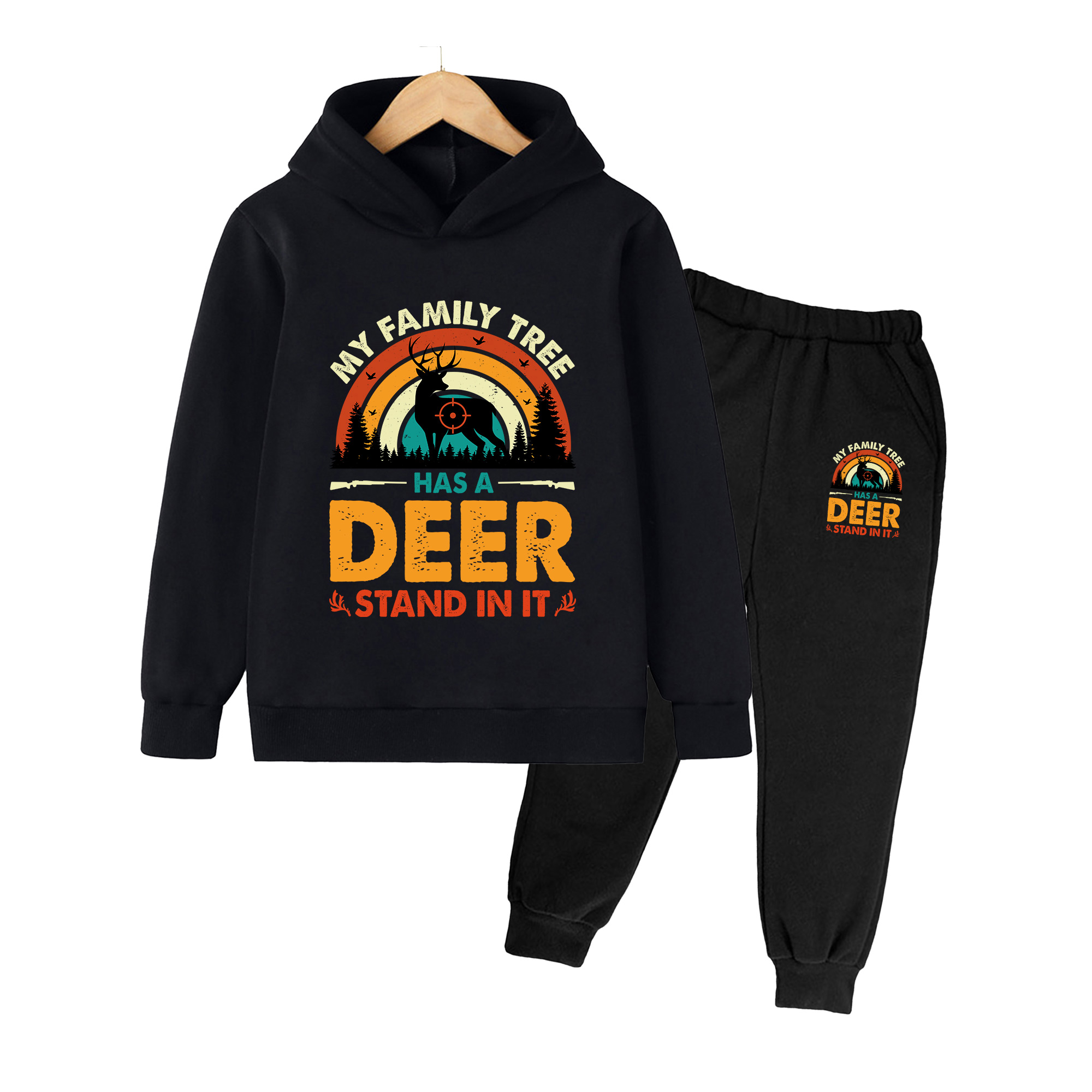 キッズ用フーディー＆スウェットパンツセット、レトロな鹿狩り柄 - Hunting Outdoor Boys のレビューと価格