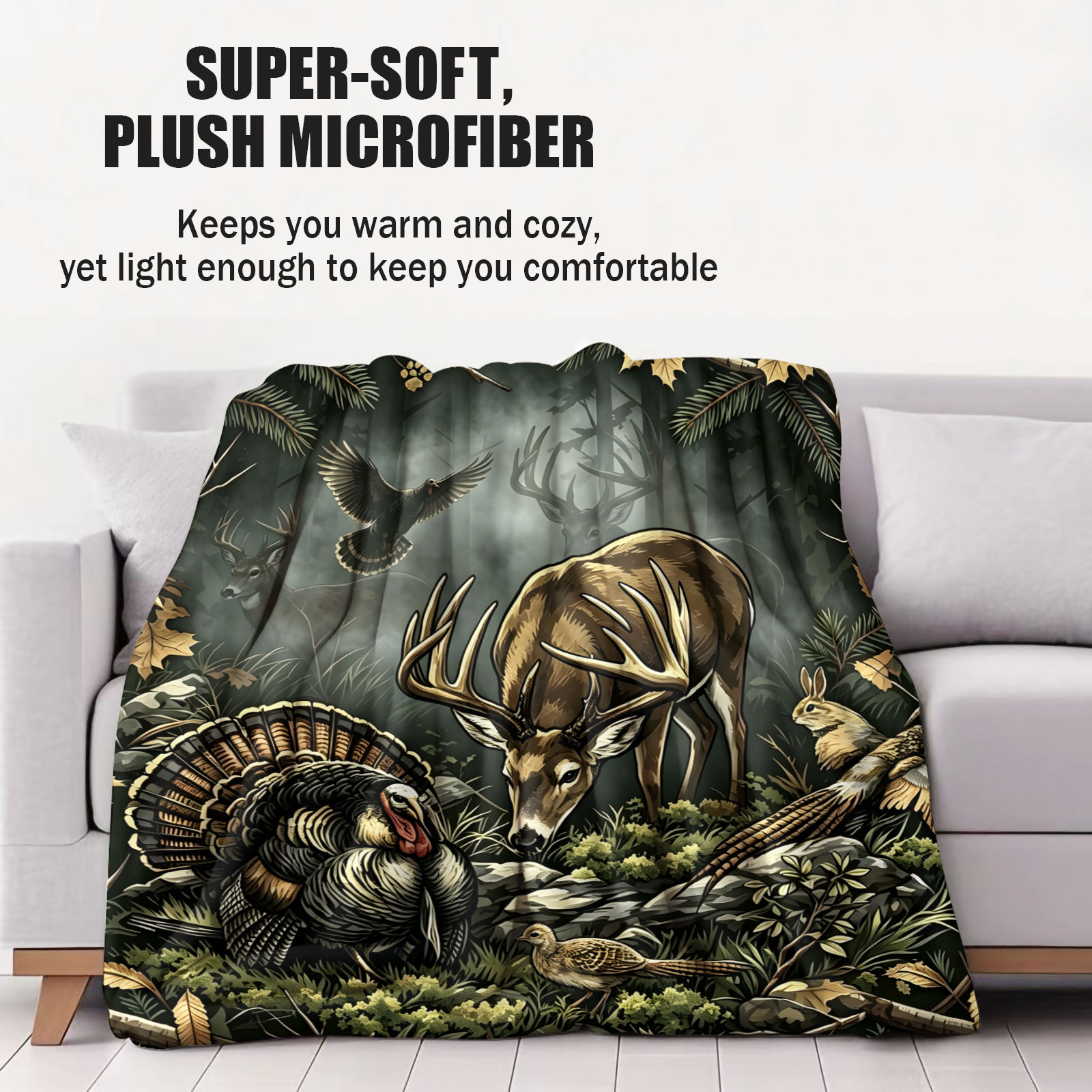 ヴィンテージ森の動物柄スローケット 鹿、七面鳥、キジ、森、狩 - Wildman Hunting & Outdoor Photos のレビューと価格